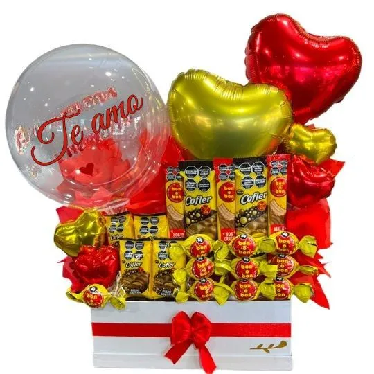 Box con globos y chocolates bon o bon 